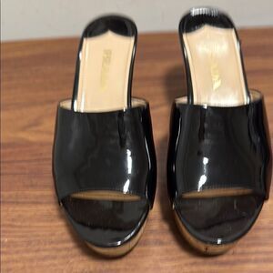 Prada Black Patent Leather Cork Wedge Platform Mule. Size 38 IT.